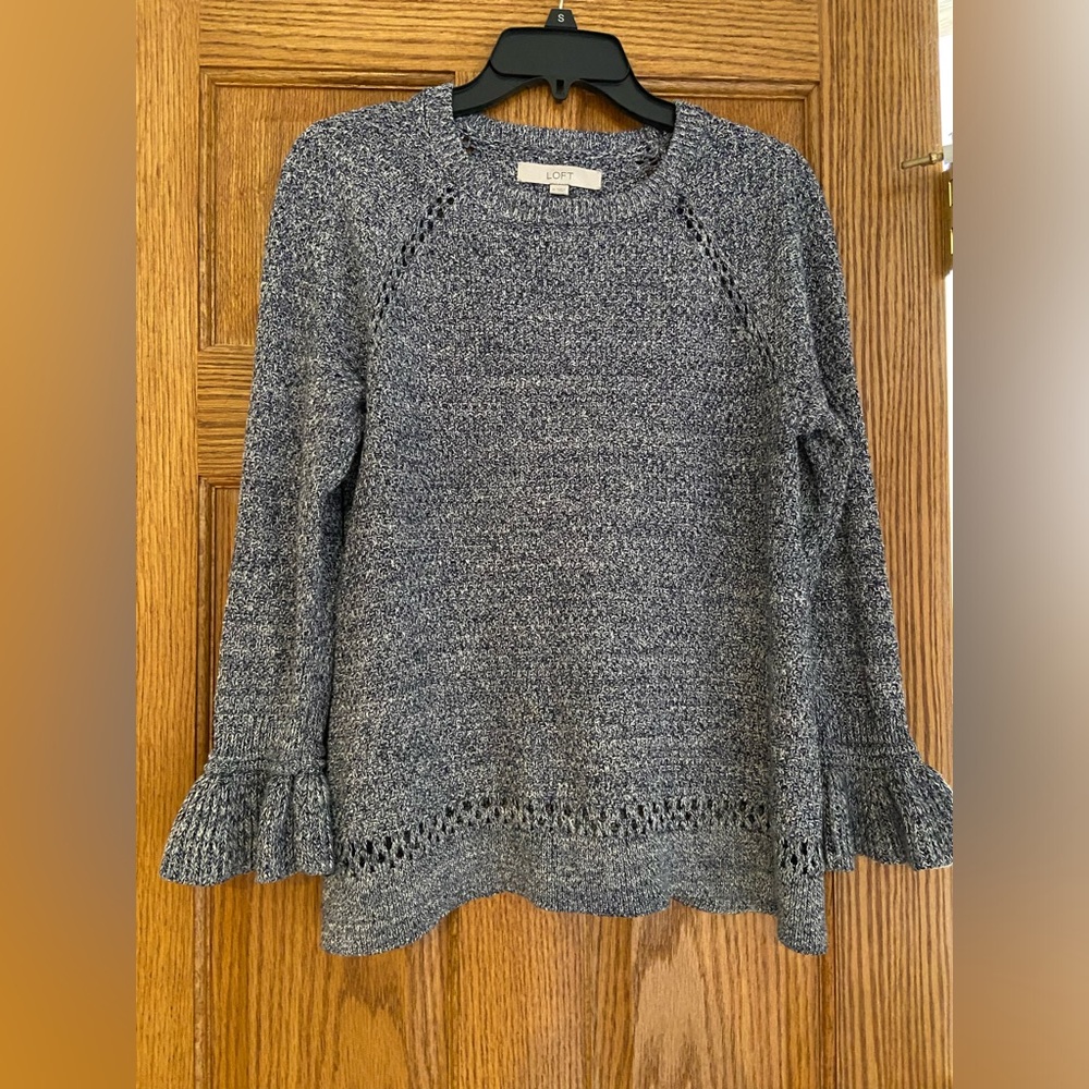 LOFT LONG RUFFLE SLEEVE BLUE AND WHITE SWEATER SIZE MEDIUM